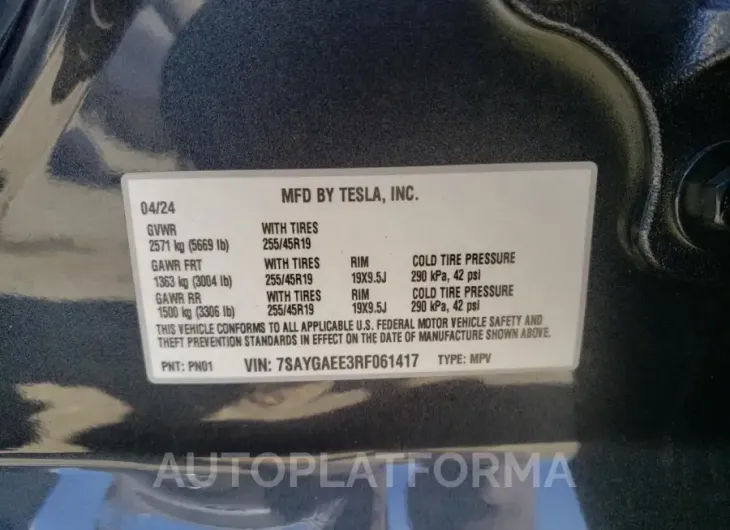 TESLA MODEL Y 2024 vin 7SAYGAEE3RF061417 from auto auction Copart