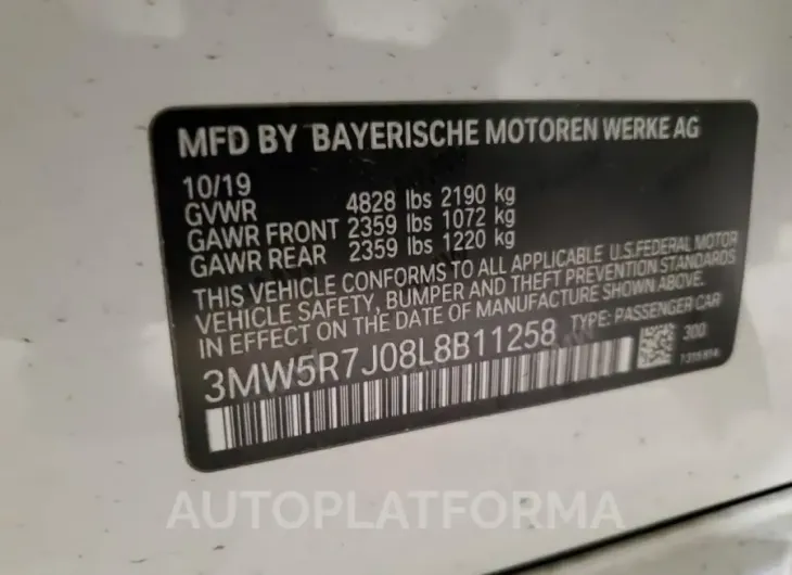 BMW 330XI 2020 vin 3MW5R7J08L8B11258 from auto auction Copart