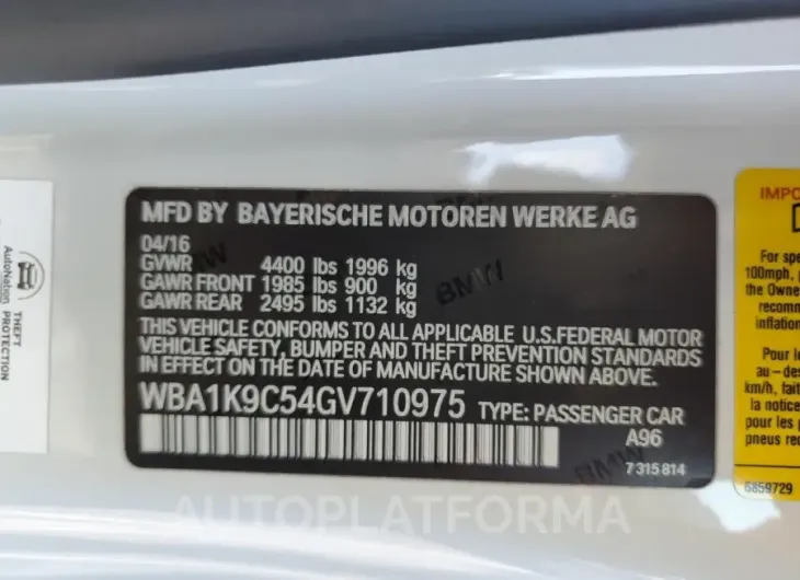 BMW 228 I SULE 2016 vin WBA1K9C54GV710975 from auto auction Copart