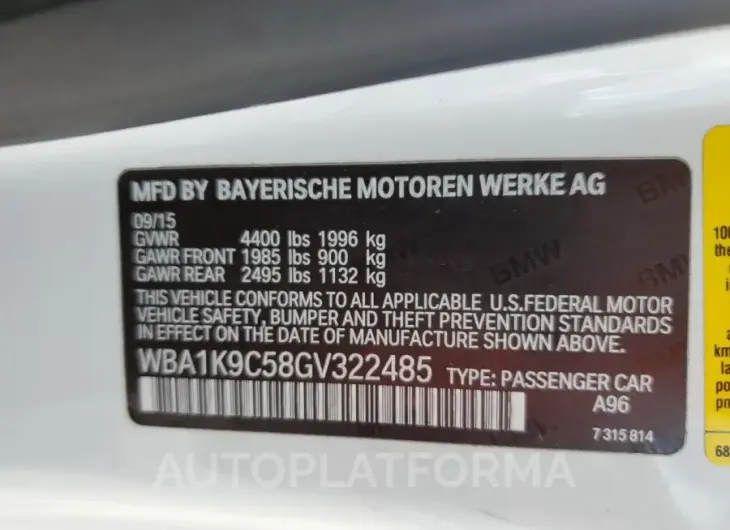 BMW 228 I SULE 2016 vin WBA1K9C58GV322485 from auto auction Copart