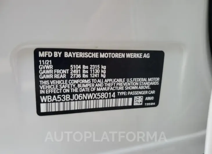 BMW 540 I 2022 vin WBA53BJ06NWX58014 from auto auction Copart