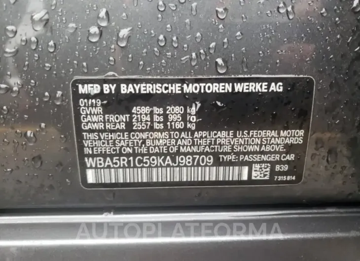 BMW 330I 2019 vin WBA5R1C59KAJ98709 from auto auction Copart