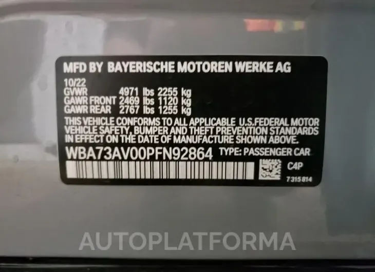 BMW 430XI GRAN 2023 vin WBA73AV00PFN92864 from auto auction Copart