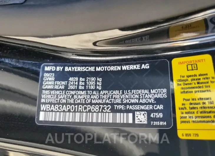 BMW M440I 2024 vin WBA83AP01RCP68732 from auto auction Copart