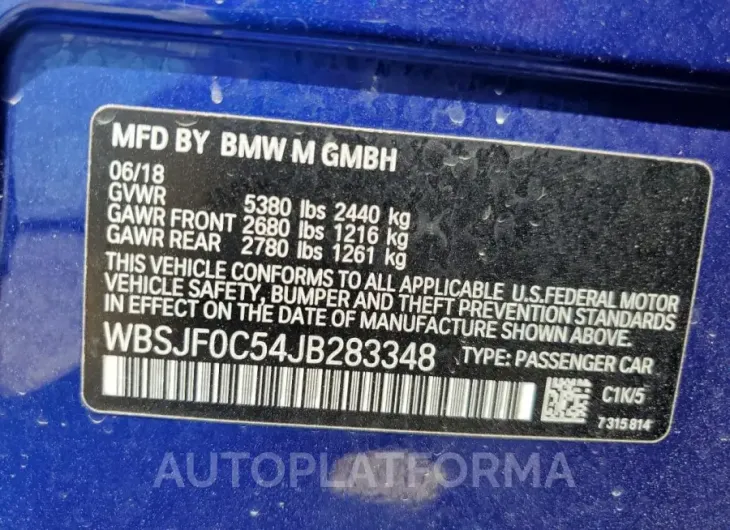 BMW M5 2018 vin WBSJF0C54JB283348 from auto auction Copart