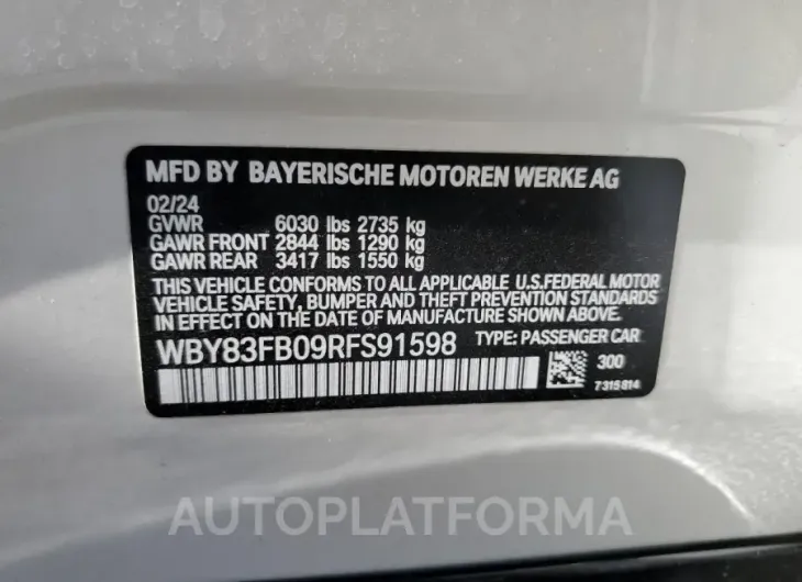 BMW I4 XDRIVE 2024 vin WBY83FB09RFS91598 from auto auction Copart