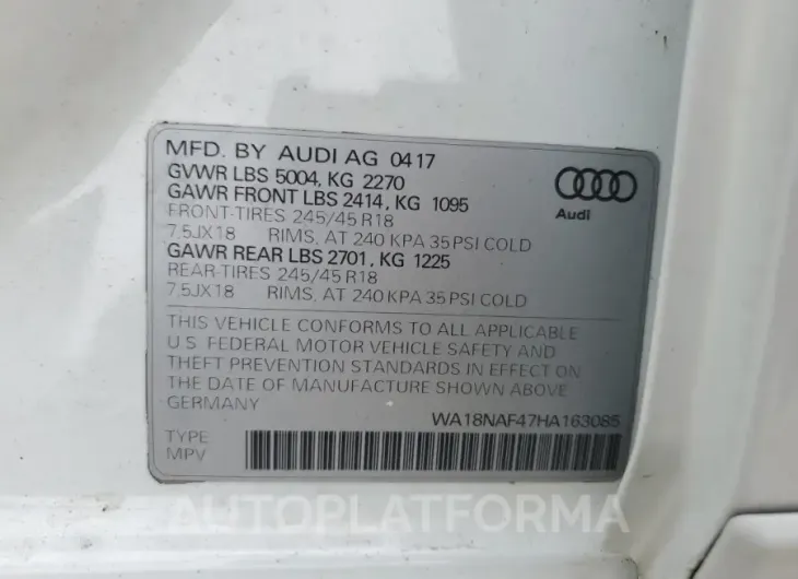 AUDI A4 ALLROAD 2017 vin WA18NAF47HA163085 from auto auction Copart