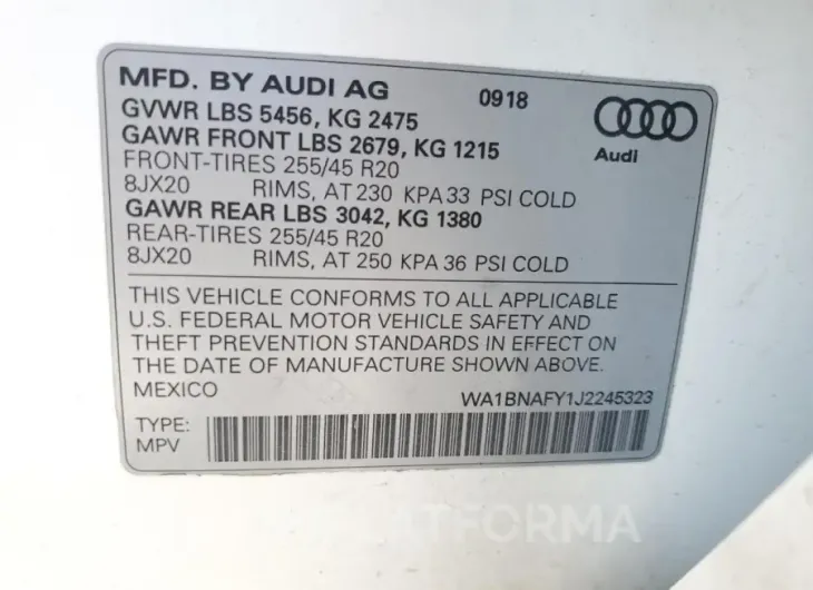 AUDI Q5 PREMIUM 2018 vin WA1BNAFY1J2245323 from auto auction Copart