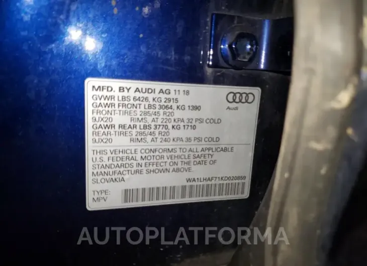 AUDI Q7 PREMIUM 2019 vin WA1LHAF71KD020859 from auto auction Copart