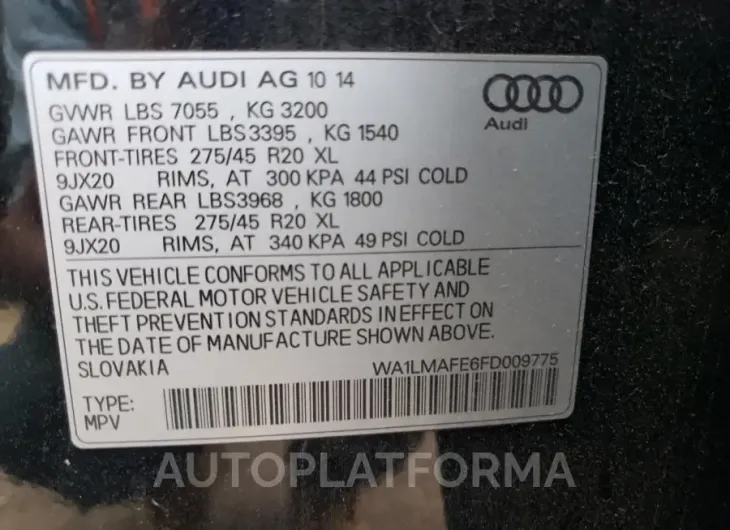 AUDI Q7 TDI PRE 2015 vin WA1LMAFE6FD009775 from auto auction Copart