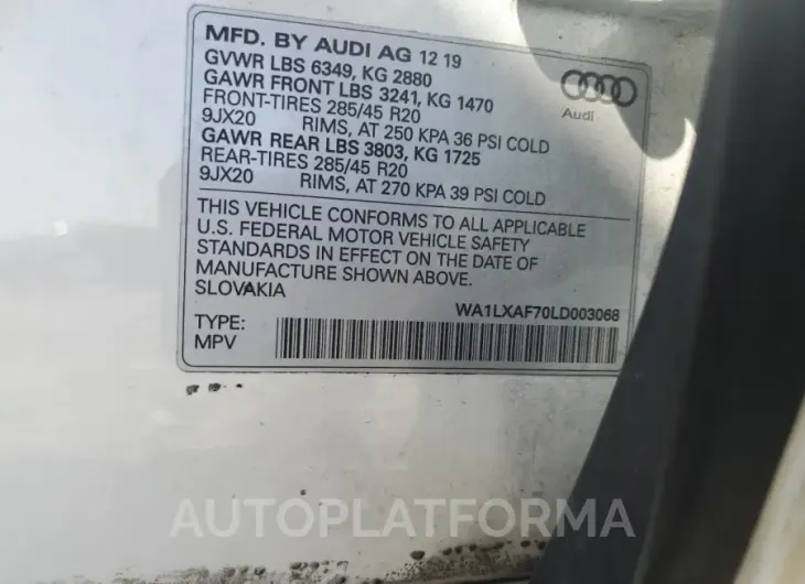 AUDI Q7 PREMIUM 2020 vin WA1LXAF70LD003068 from auto auction Copart