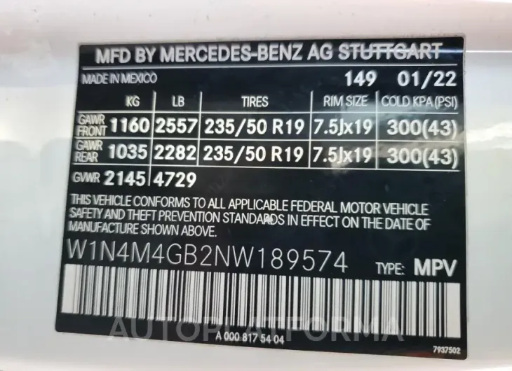 MERCEDES-BENZ GLB 250 2022 vin W1N4M4GB2NW189574 from auto auction Copart