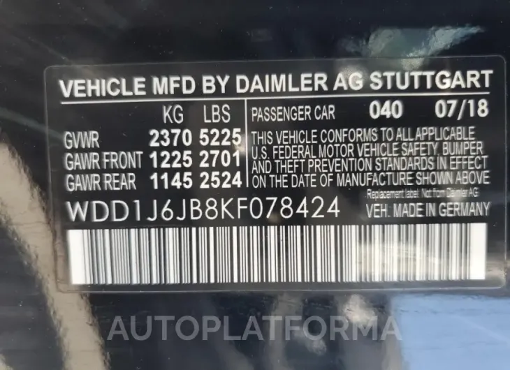 MERCEDES-BENZ E 450 4MAT 2019 vin WDD1J6JB8KF078424 from auto auction Copart