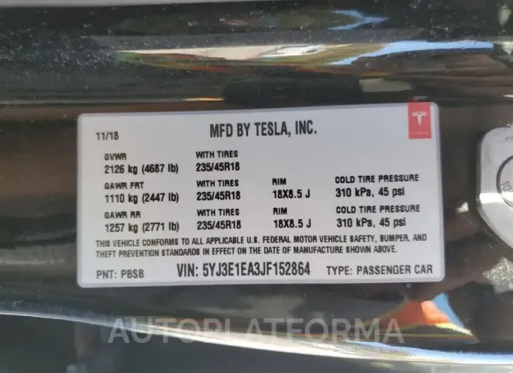 TESLA MODEL 3 2018 vin 5YJ3E1EA3JF152864 from auto auction Copart