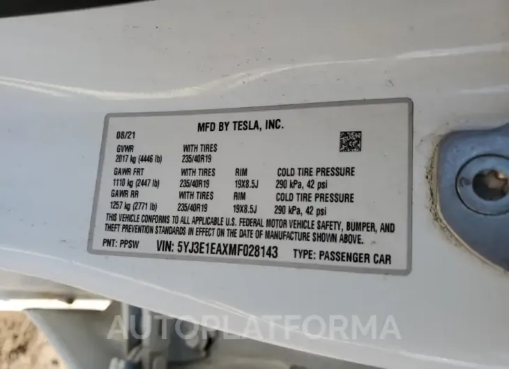 TESLA MODEL 3 2021 vin 5YJ3E1EAXMF028143 from auto auction Copart