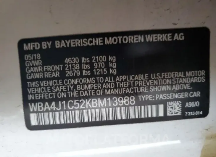 BMW 430I GRAN 2019 vin WBA4J1C52KBM13988 from auto auction Copart