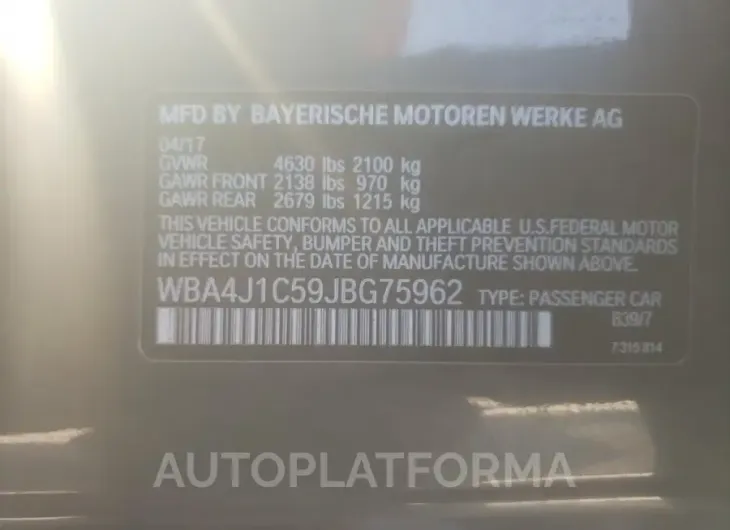 BMW 430I GRAN 2018 vin WBA4J1C59JBG75962 from auto auction Copart