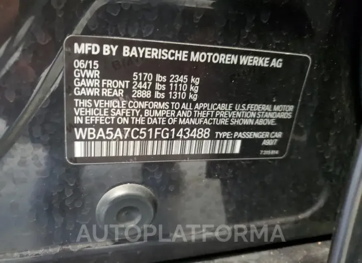 BMW 528 XI 2015 vin WBA5A7C51FG143488 from auto auction Copart