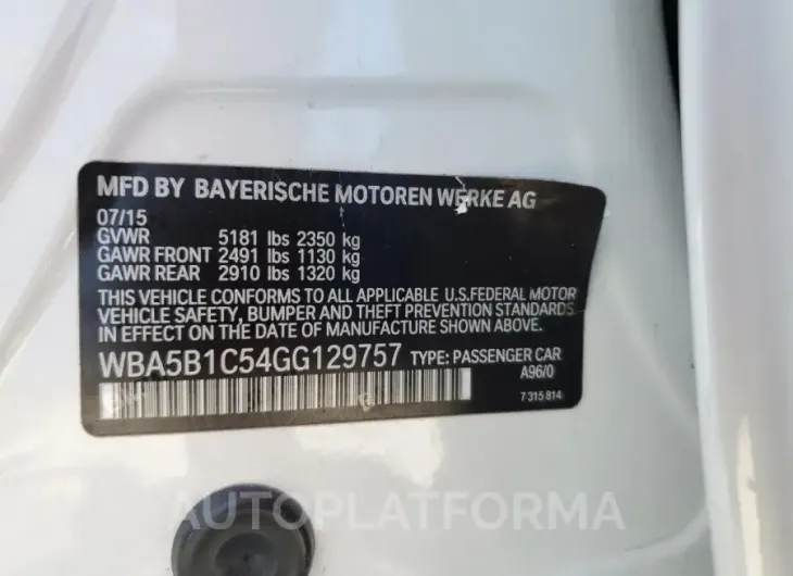 BMW 535 I 2016 vin WBA5B1C54GG129757 from auto auction Copart