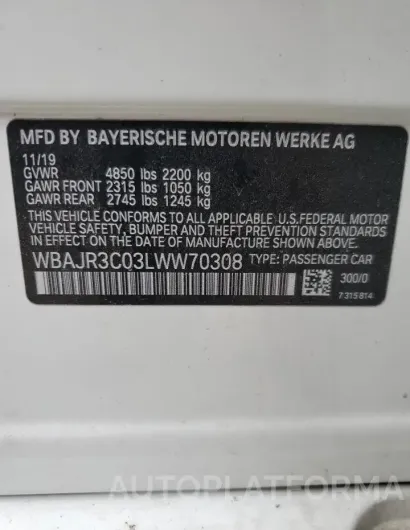 BMW 530 I 2020 vin WBAJR3C03LWW70308 from auto auction Copart