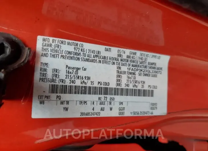 FORD FOCUS SE 2016 vin 1FADP3K23GL339072 from auto auction Copart