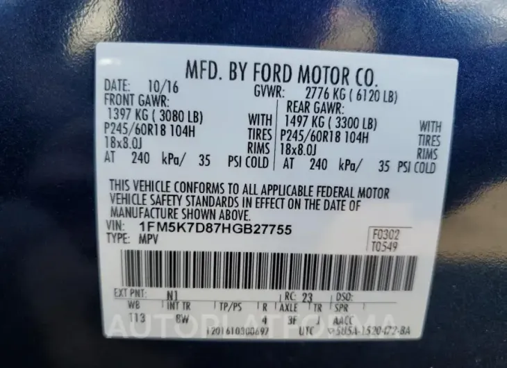 FORD EXPLORER X 2017 vin 1FM5K7D87HGB27755 from auto auction Copart