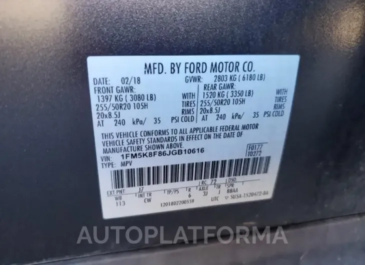 FORD EXPLORER L 2018 vin 1FM5K8F86JGB10616 from auto auction Copart