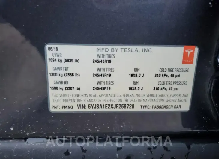 TESLA MODEL S 2018 vin 5YJSA1E2XJF258728 from auto auction Copart