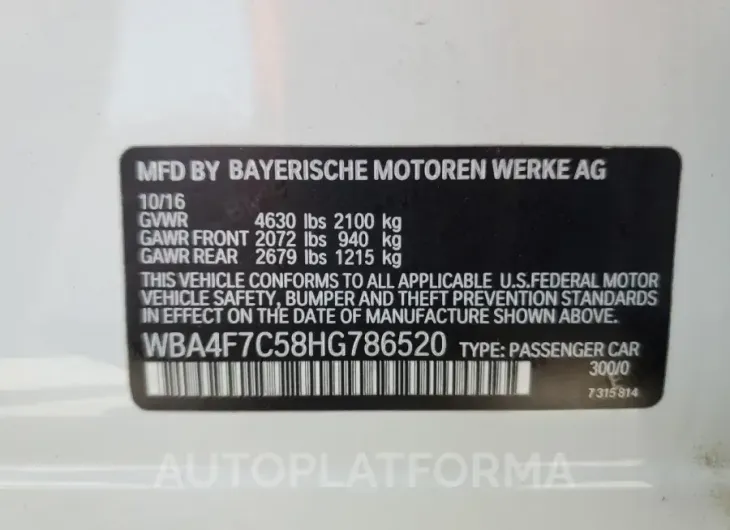 BMW 430I GRAN 2017 vin WBA4F7C58HG786520 from auto auction Copart