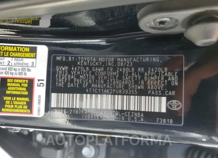 TOYOTA CAMRY LE 2023 vin 4T1C11AK2PU839355 from auto auction Copart