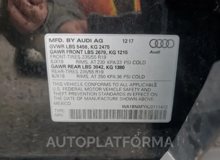 AUDI Q5 PREMIUM 2018 vin WA1BNAFYXJ2111412 from auto auction Copart