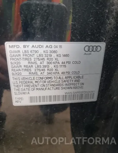 AUDI Q7 PREMIUM 2015 vin WA1LGAFE0FD024361 from auto auction Copart