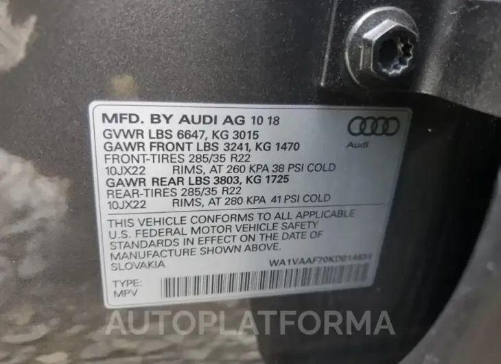 AUDI Q7 PRESTIG 2019 vin WA1VAAF70KD014631 from auto auction Copart