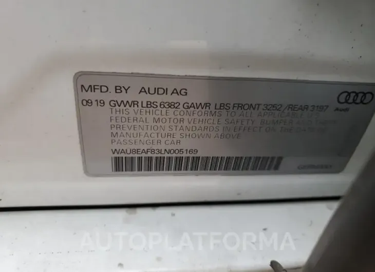 AUDI A8 L 2020 vin WAU8EAF83LN005169 from auto auction Copart