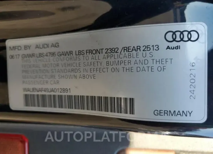 AUDI A4 PREMIUM 2018 vin WAUENAF49JA012891 from auto auction Copart