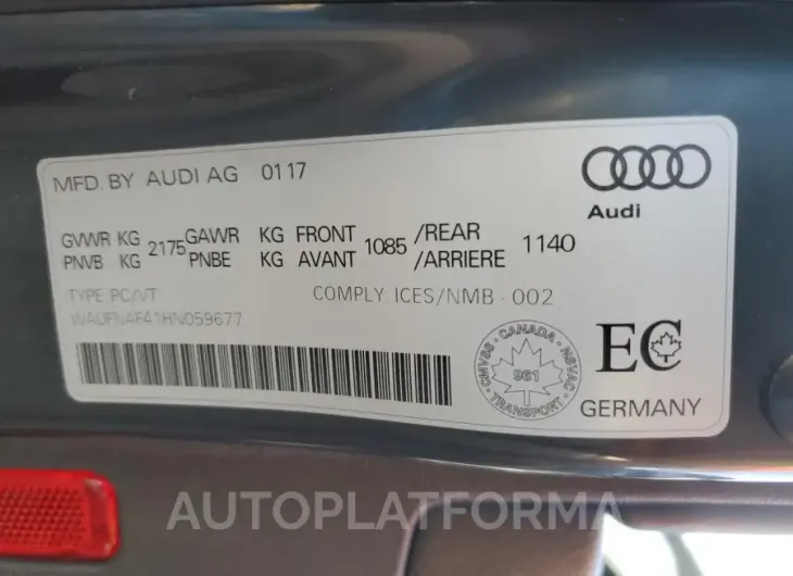 AUDI A4 PRESTIG 2017 vin WAUFNAF41HN059677 from auto auction Copart