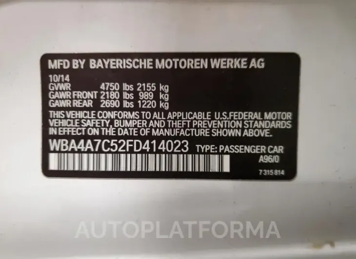 BMW 428 XI GRA 2015 vin WBA4A7C52FD414023 from auto auction Copart