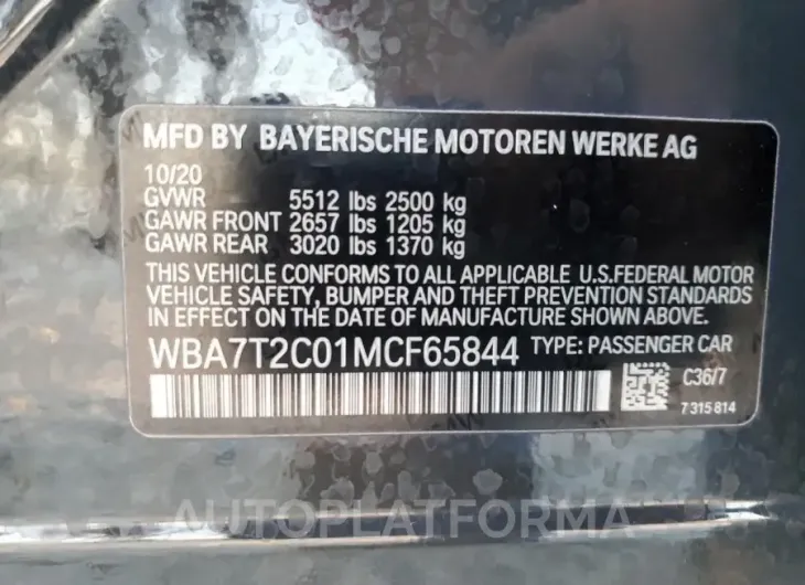 BMW 740 I 2021 vin WBA7T2C01MCF65844 from auto auction Copart