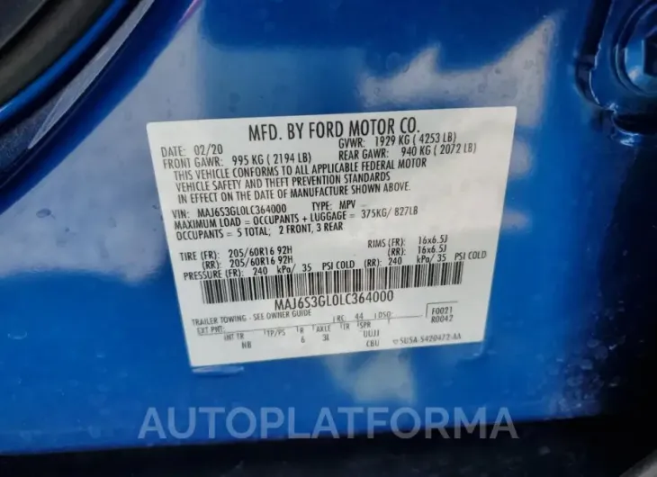 FORD ECOSPORT S 2020 vin MAJ6S3GL0LC364000 from auto auction Copart