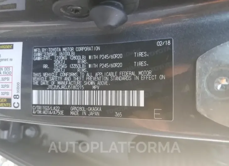 TOYOTA 4RUNNER SR 2018 vin JTEZU5JR0J5180215 from auto auction Copart