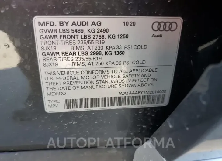 AUDI Q5 PREMIUM 2021 vin WA1AAAFY1M2014000 from auto auction Copart