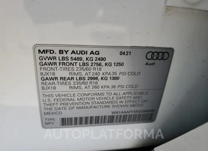 AUDI Q5 PREMIUM 2021 vin WA1AAAFYXM2089956 from auto auction Copart