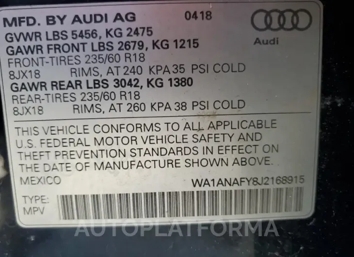 AUDI Q5 PREMIUM 2018 vin WA1ANAFY8J2168915 from auto auction Copart