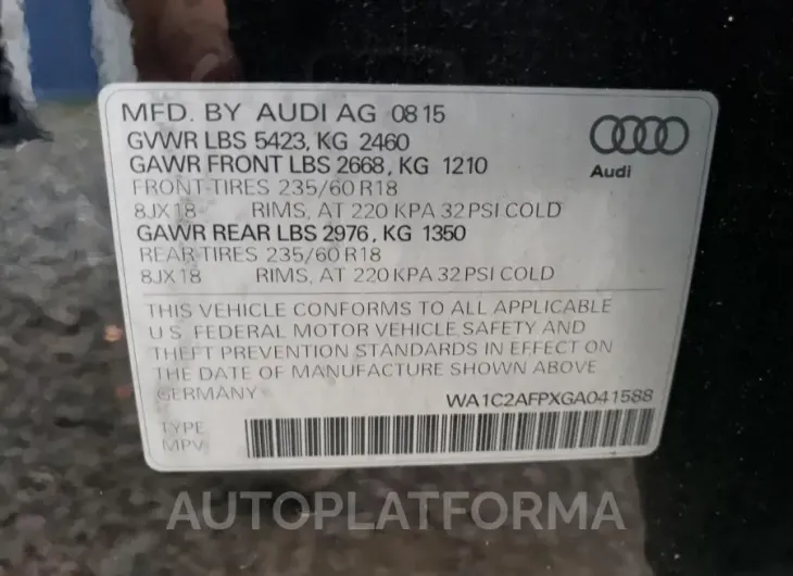 AUDI Q5 PREMIUM 2016 vin WA1C2AFPXGA041588 from auto auction Copart