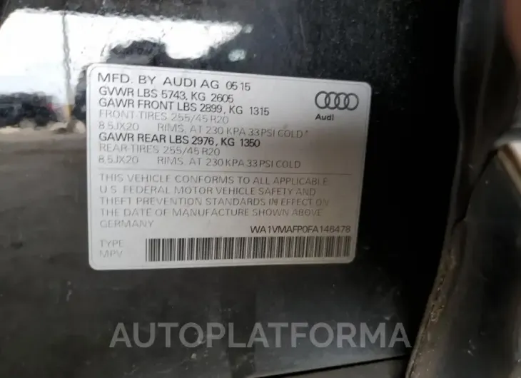 AUDI Q5 TDI PRE 2015 vin WA1VMAFP0FA146478 from auto auction Copart