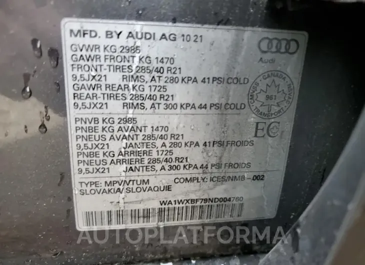 AUDI Q7 TECHNIK 2022 vin WA1WXBF79ND004760 from auto auction Copart