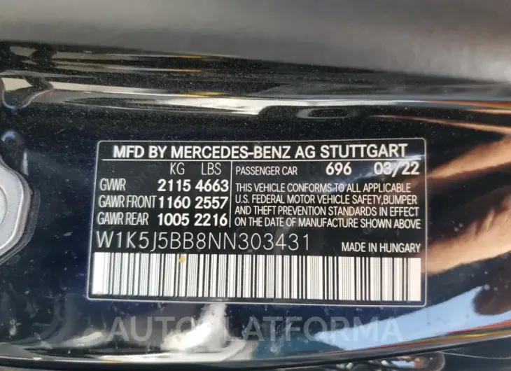 MERCEDES-BENZ CLA AMG 35 2022 vin W1K5J5BB8NN303431 from auto auction Copart