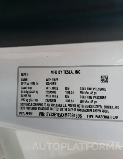 TESLA MODEL 3 2021 vin 5YJ3E1EAXMF091596 from auto auction Copart