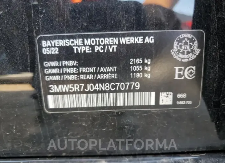 BMW 330XI 2022 vin 3MW5R7J04N8C70779 from auto auction Copart