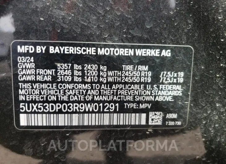 BMW X3 XDRIVE3 2024 vin 5UX53DP03R9W01291 from auto auction Copart